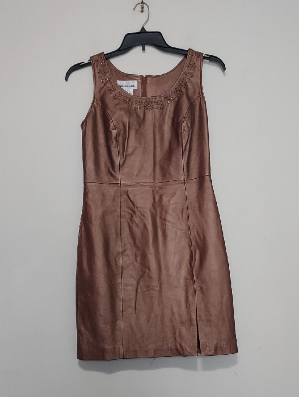 David Benjamin Vintage Leather Brown Sheath Dress with Embellished Neckline Sz-6